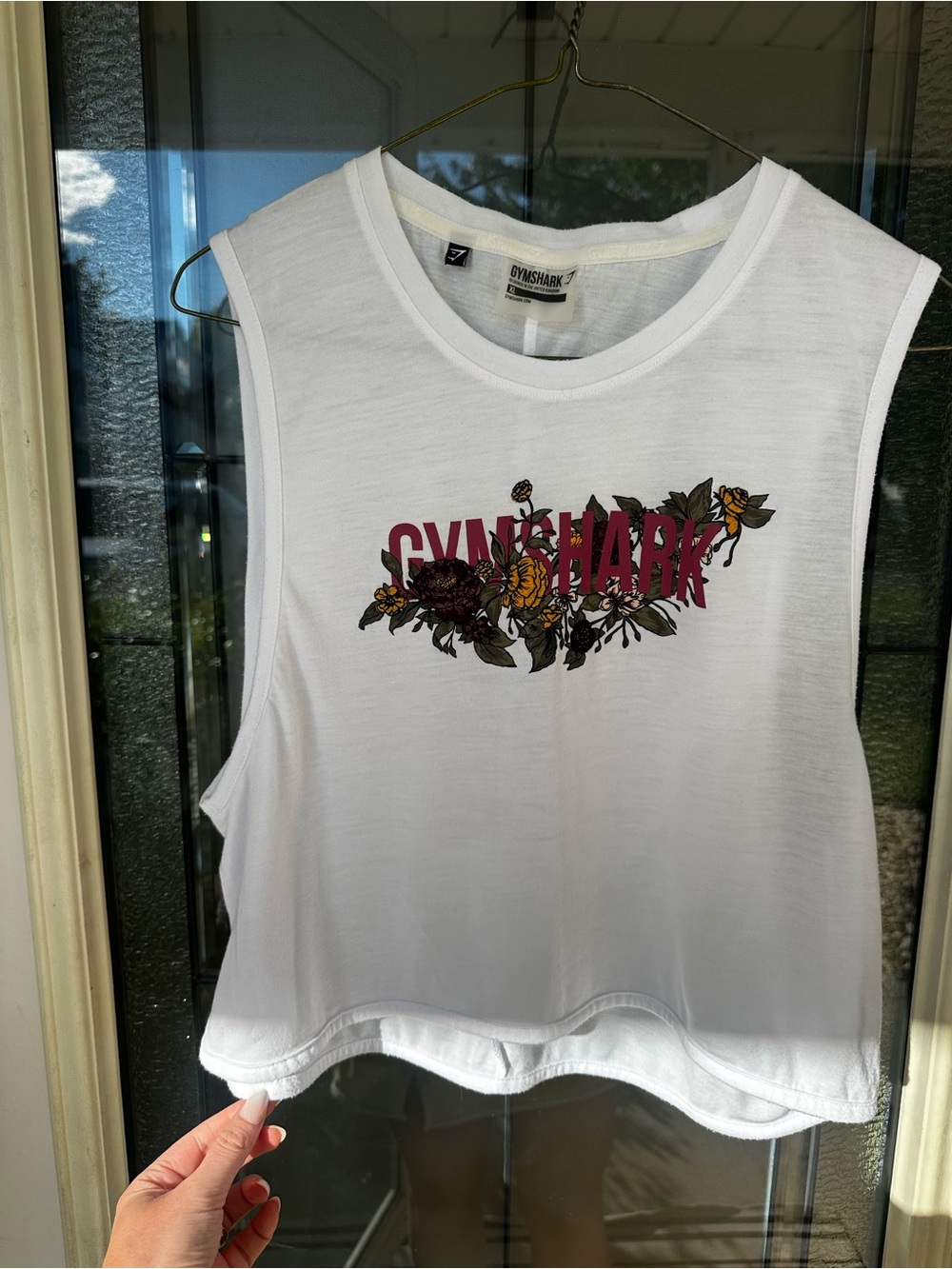 Gymshark White Cropped Muscle Tee with Floral Logo